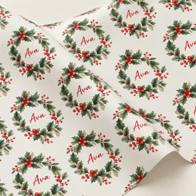 Holly Name Wreath Personalized Gift Wrap — detail illustrative mockup