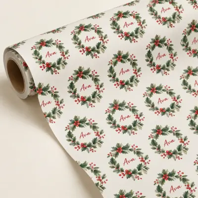 Holly Name Wreath Personalized Gift Wrap — main illustrative mockup