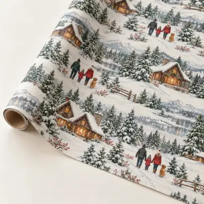 Snowy Cabin Family Personalized Gift Wrap — main illustrative mockup