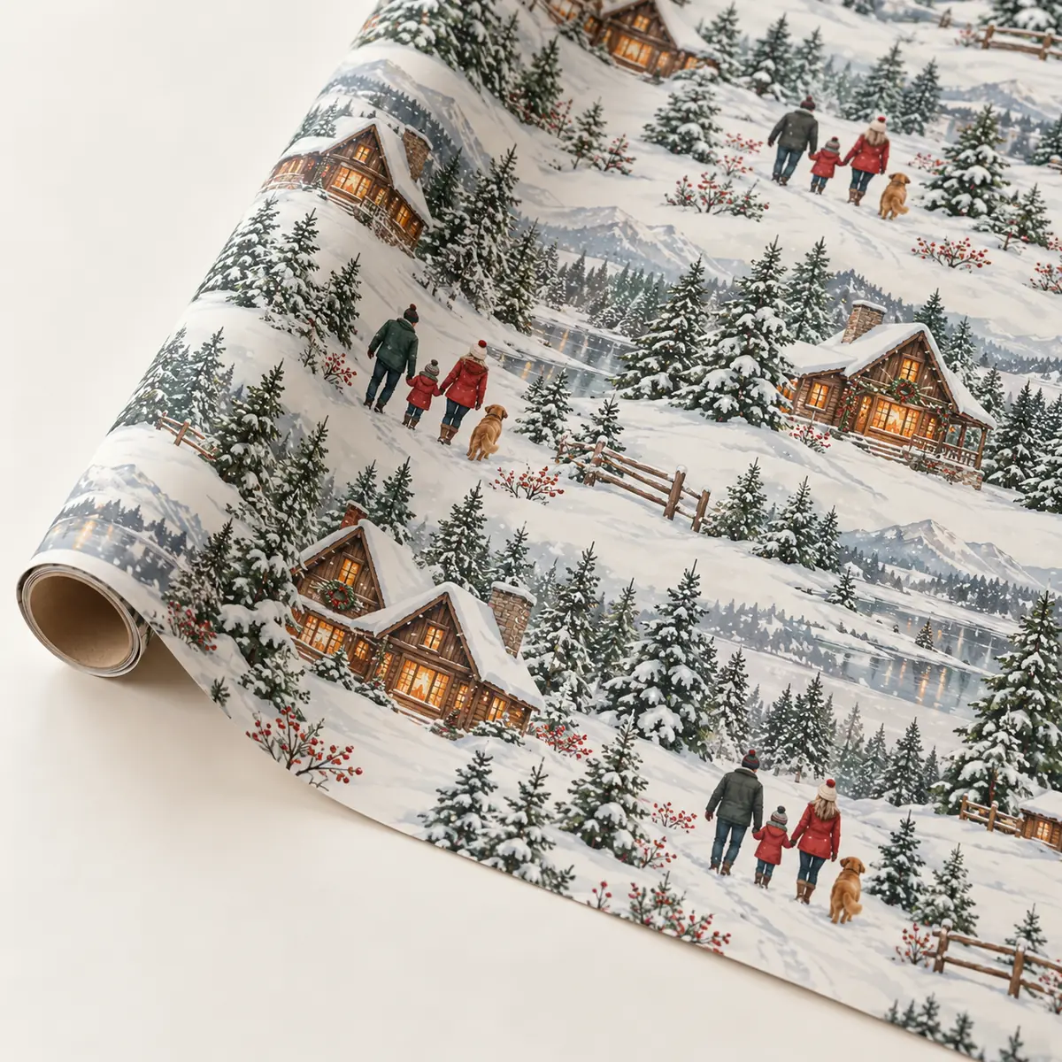 Snowy Cabin Family Personalized Gift Wrap — main illustrative mockup