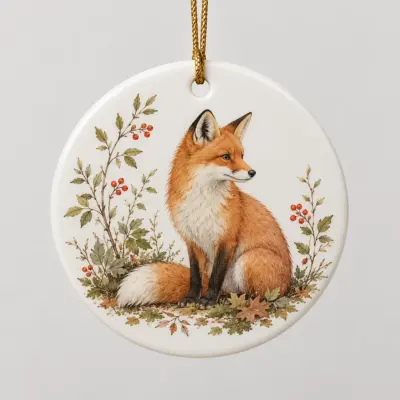 Woodland Fox Name Personalized Round Ornament — main illustrative mockup