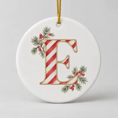 Candy Stripe Letter Personalized Round Ornament — main illustrative mockup