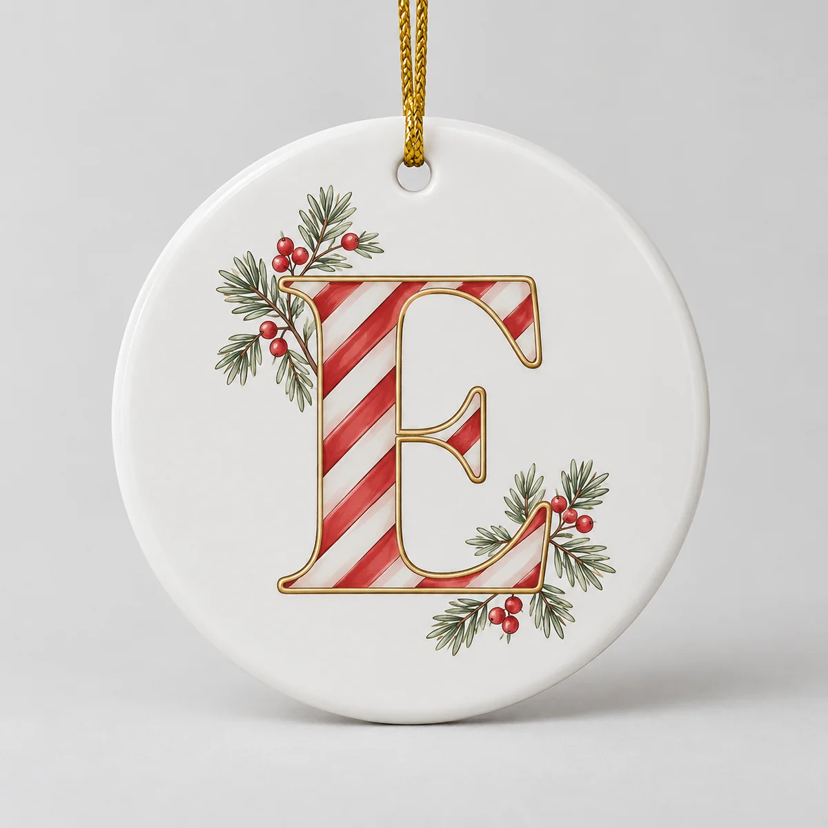 Candy Stripe Letter Personalized Round Ornament — main illustrative mockup