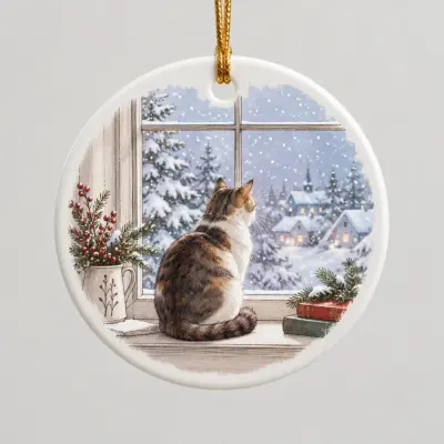Winter Cat Window Personalized Round Ornament — main illustrative mockup