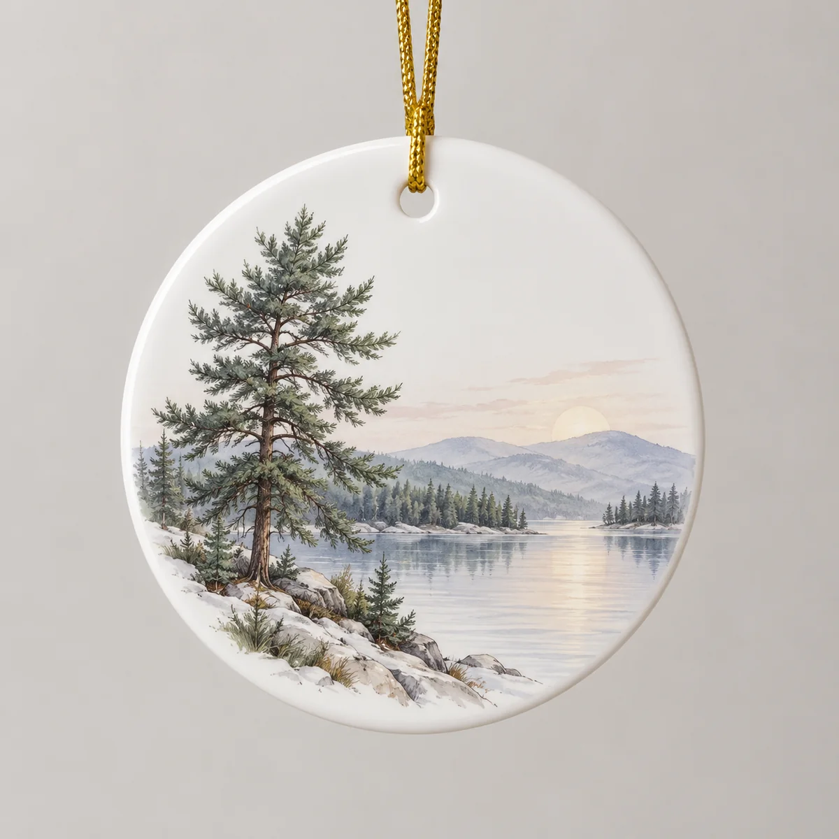 Quiet Memorial Pine Personalized Round Ornament — main illustrative mockup